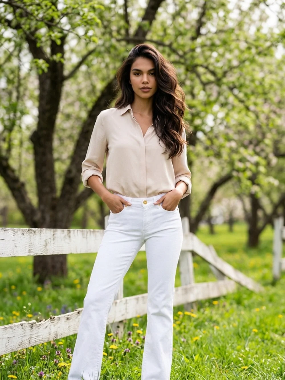 Tory Burch White Denim Jeans with Orange Logo Tag